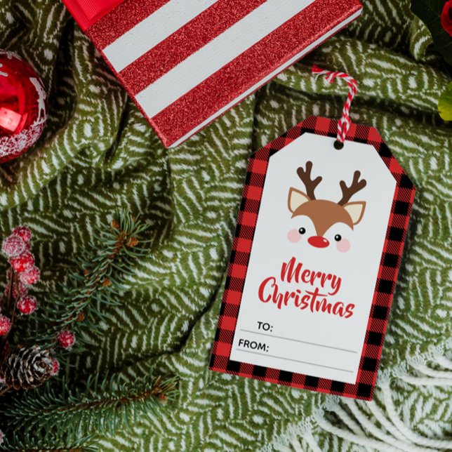 Étiquettes-cadeau Reindeer Red Plaid Joyeux Noël À De (Créateur téléchargé)
