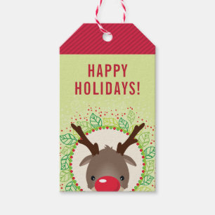 Étiquettes-cadeau RÉINDEUR NOËL mignon nez rouge rudolph rouge vert