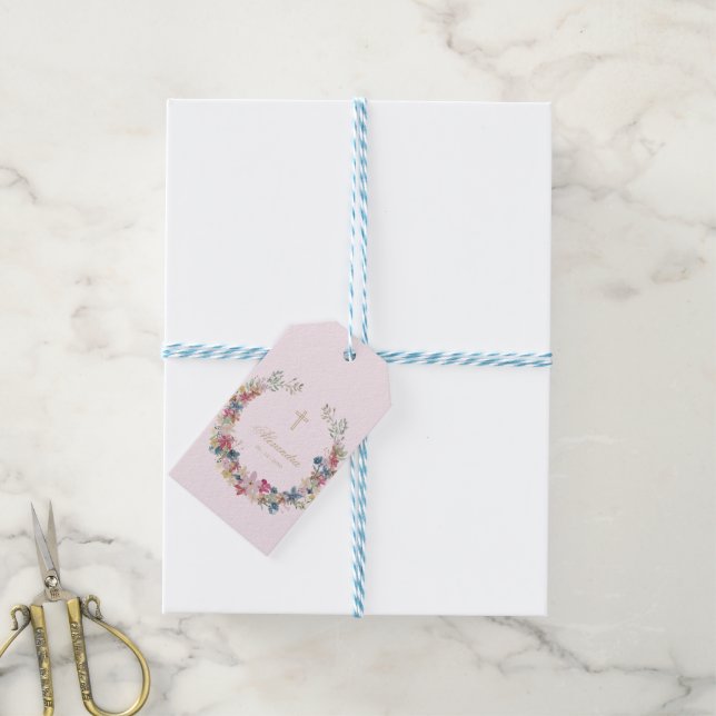 Étiquettes-cadeau Religieux Jolie Fleurs de champ Couleur or (Avec de laficelle)