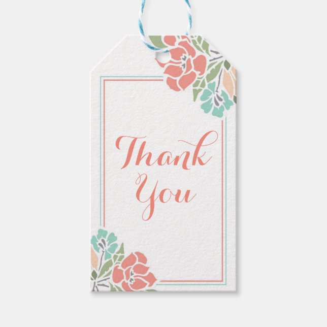 Étiquettes-cadeau Remerciement Corail Floral Turquoise (Devant)