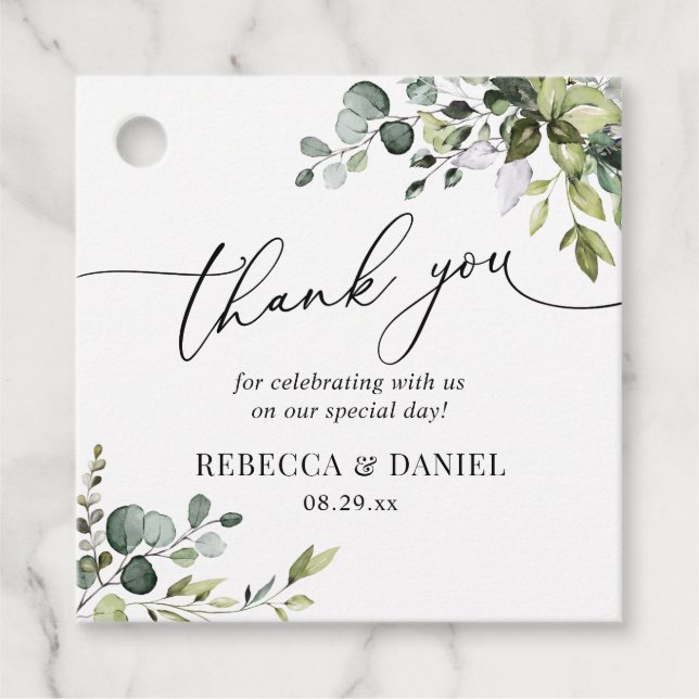 Étiquettes Cadeau Remerciement de mariage à la verdure rustique Euca (Devant)