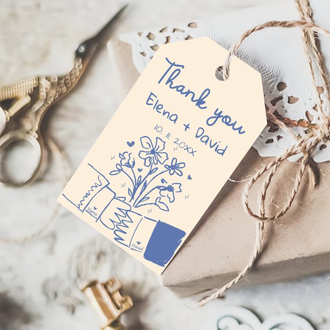 Étiquettes-cadeau Remerciement de mariage floral bleu dessiné à la m (Créateur téléchargé)