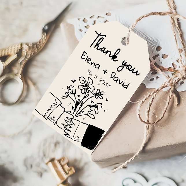 Étiquettes-cadeau Remerciement de mariage floral fantaisiste dessiné (Créateur téléchargé)