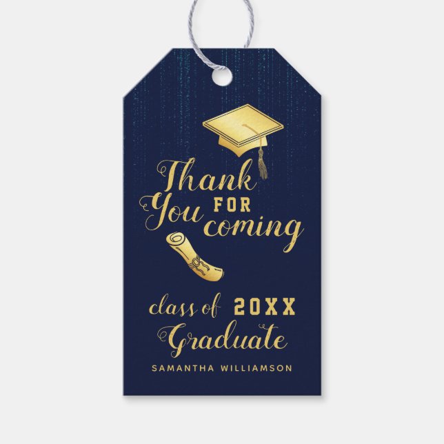 Étiquettes-cadeau Remerciement de remise des diplômes Bleu et Or de  (Devant)