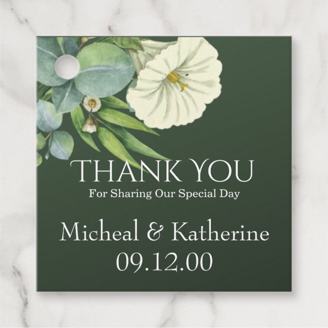 Étiquettes Cadeau Remerciement personnalisé blanc floral vert émerau (Devant)
