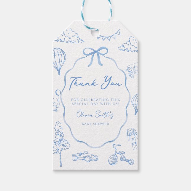 Étiquettes-cadeau Remerciement pour Baby Shower Toile De Jouy Garçon (Devant)