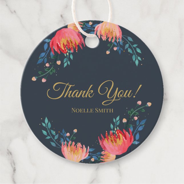 Étiquettes Cadeau Remerciements! Bleu foncé, Élégant, Fleurs Whimiqu (Devant)