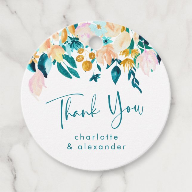 Étiquettes Cadeau Remerciements de mariage floraux à l'aquarelle élé (Devant)