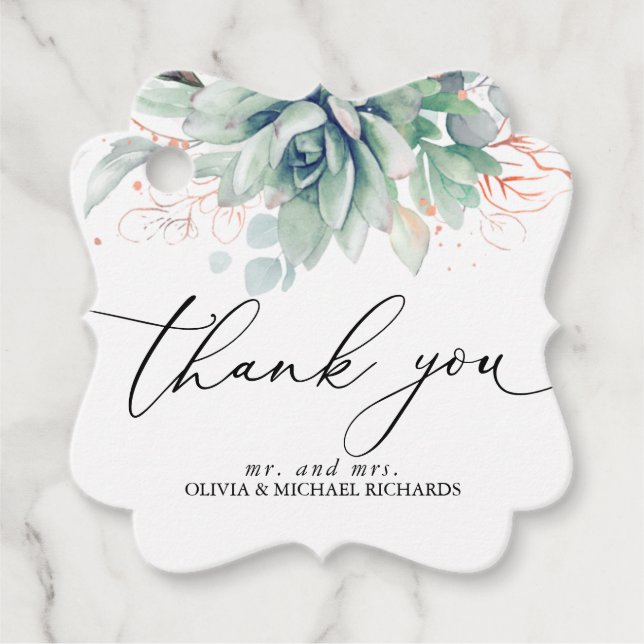 Étiquettes Cadeau Remerciements de mariage Succulents Rose Gold et V (Devant)