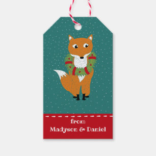 Étiquettes-cadeau Renard festif portant une couronne de Noël personn