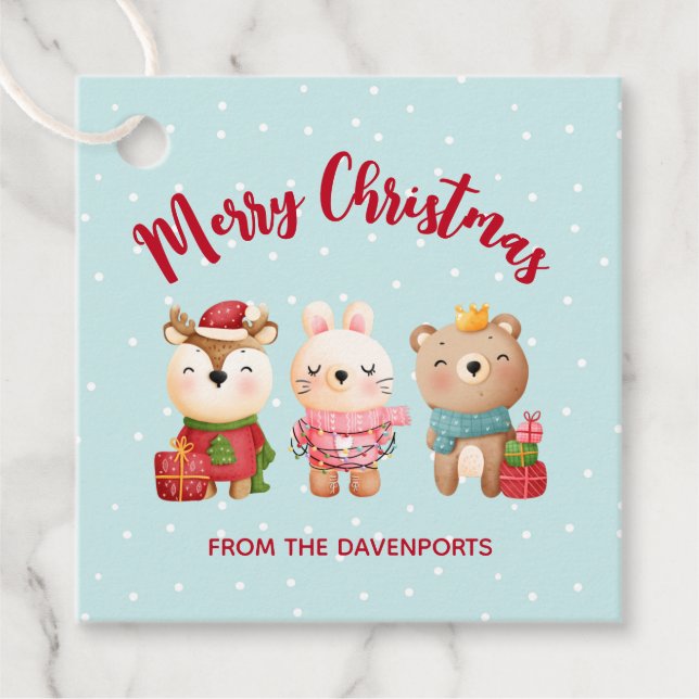 Étiquettes Cadeau Rennes, ours et lapin Joyeux Noël (Devant)