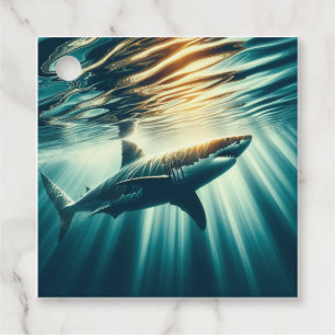 Étiquettes Cadeau Requin dans la mer bleue profonde & soleil