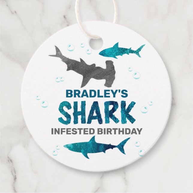 Étiquettes Cadeau Requin infesté n'importe quel âge fête d'anniversa (Devant)