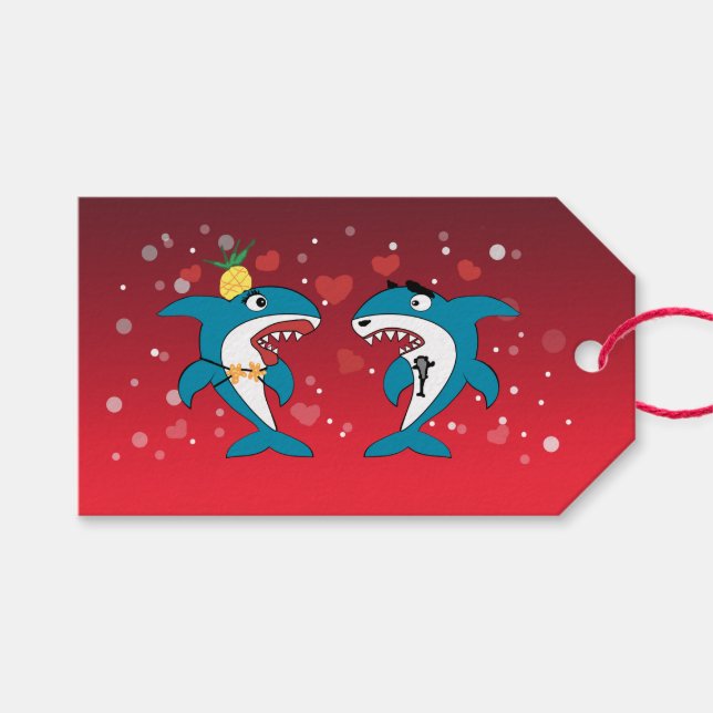 Étiquettes-cadeau Requins Noël Rouge (Devant (Horizontal))