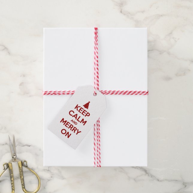 Étiquettes-cadeau Restez calme et joyeux sur le rouge et le blanc (Avec de la ficelle)