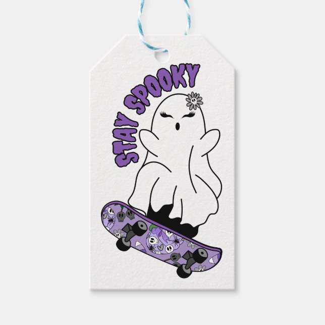 Étiquettes-cadeau "Restez Éffrayant" Fantôme sur un skateboard - Coo (Devant)