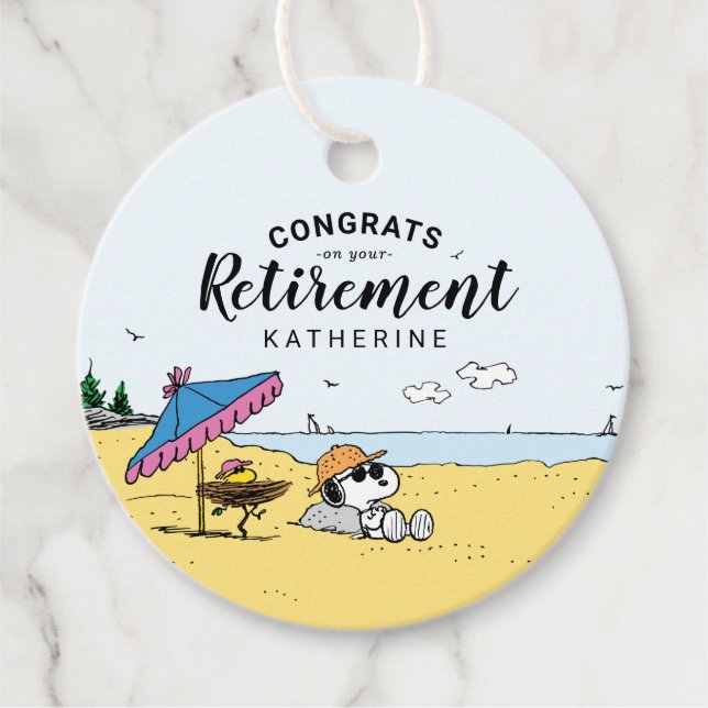Étiquettes Cadeau Retraite | Snoopy & Woodstock sur la plage (Devant)