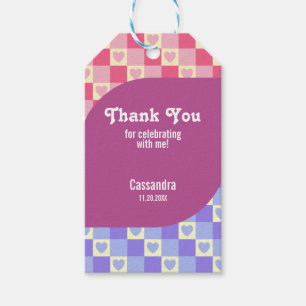 Étiquettes-cadeau Retro À damiers Coeur Bauhaus Bleu pourpre Anniver