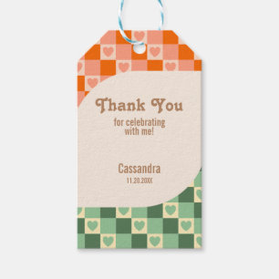 Étiquettes-cadeau Retro À damiers Coeur Vert Orange Anniversaire
