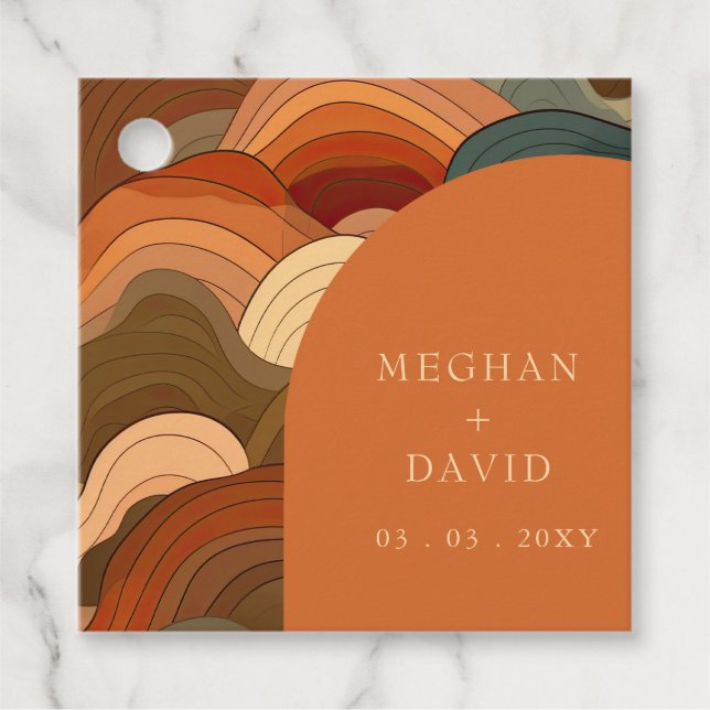 Étiquettes Cadeau Retro Abstrait Terrain Terracotta Orange Mariage (Devant)