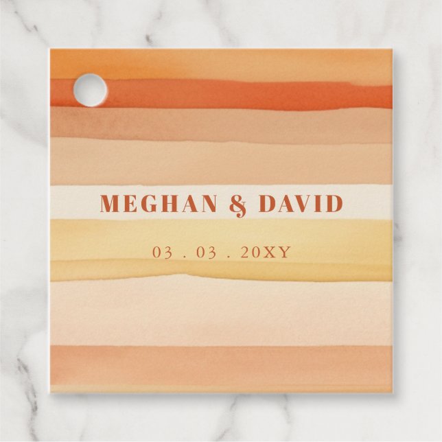 Étiquettes Cadeau Rétro Aquarelle Stripes Terracotta Orange Mariage (Devant)