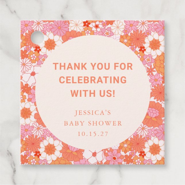 Étiquettes Cadeau Retro Boho rose Floral Baby shower personnalisé Me (Devant)