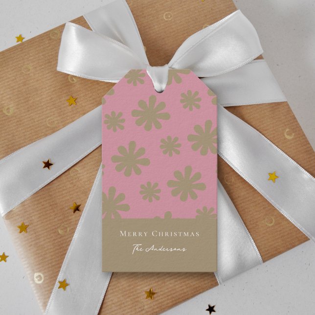 Étiquettes-cadeau Retro Chic rose et or Floral Joyeux Noël (Créateur téléchargé)