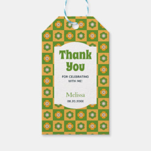 Étiquettes-cadeau Retro Daisy Floral À damiers Merci vert