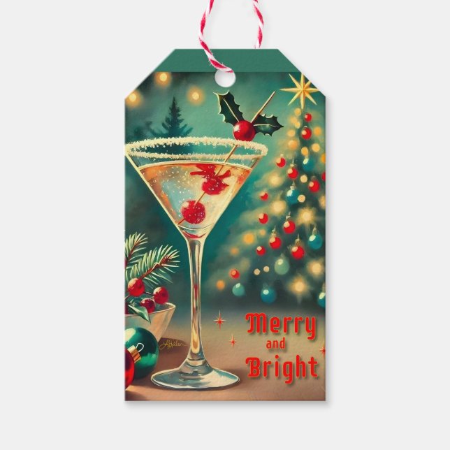 Étiquettes-cadeau Retro les années 50 Merry Bright Christmas Cocktai (Devant)