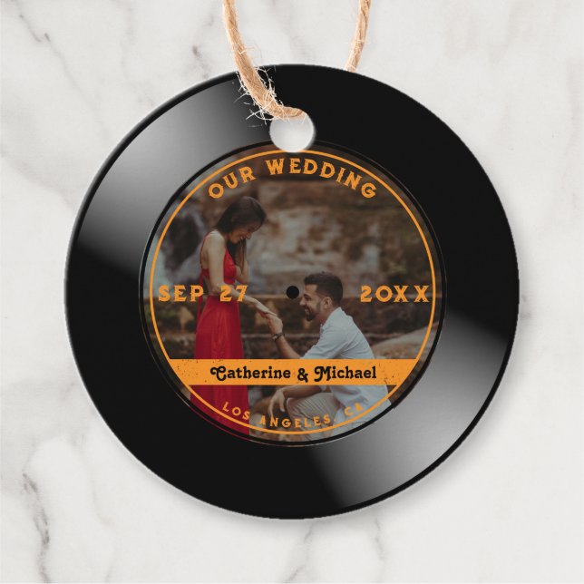 Étiquettes Cadeau Retro Music Vinyl Record Photo Mariage Round (Devant)