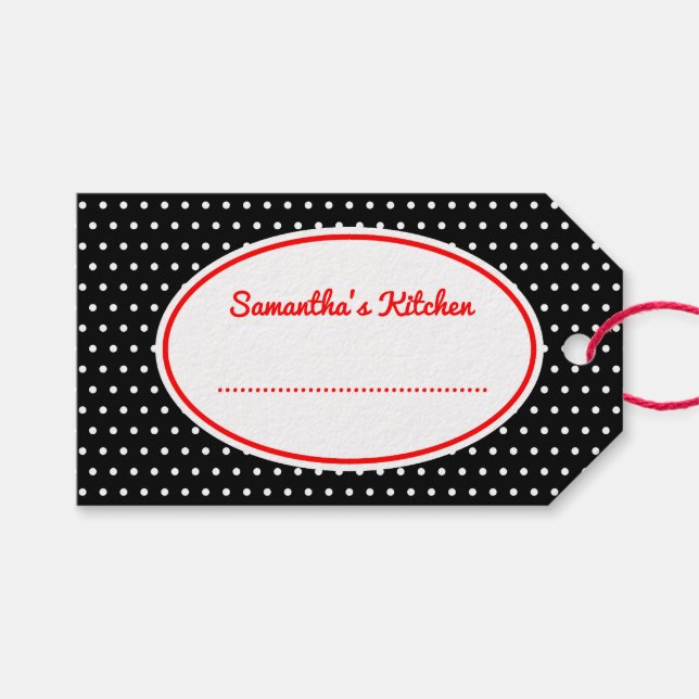 Étiquettes-cadeau Rétro Noir Polka Dot Cuisine Baking Cadeaux (Devant (Horizontal))