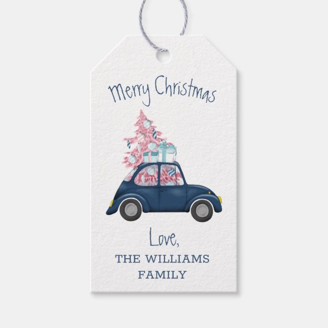 Étiquettes-cadeau Retro Pink Christmas Tree Blue Car Joyeux Noël (Devant)