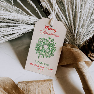 Étiquettes-cadeau Retro Red Green Drawn Bows Wreath Merry Christmas