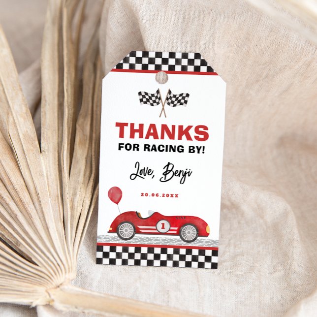 Étiquettes-cadeau Retro Red Race Car Fast One Boy Anniversaire Faveu (Créateur téléchargé)