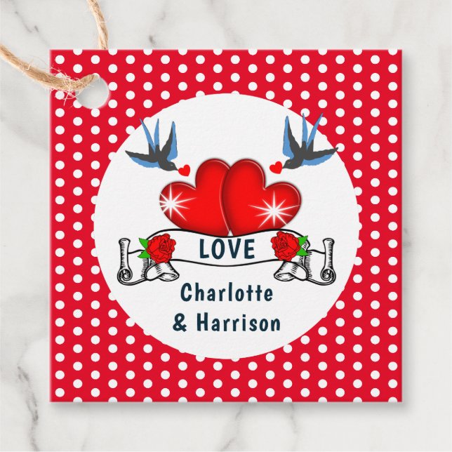 Étiquettes Cadeau Retro Rockabilly Polka Dot Hearts Mariage (Devant)