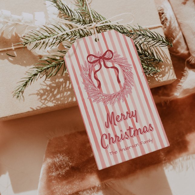 Étiquettes-cadeau Rétro rouge rose Draw Bow Wreath Noël (Créateur téléchargé)
