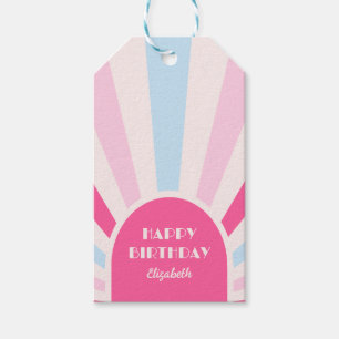 Étiquettes-cadeau Retro Sunburst Arch Typographie Anniversaire rose