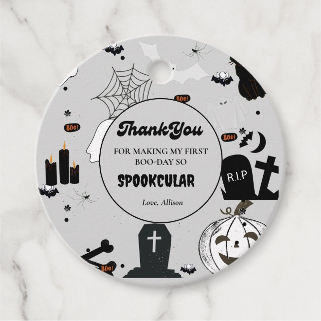 Étiquettes Cadeau Retro super Halloween premier anniversaire Merci (Devant)