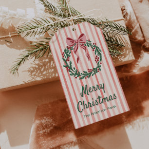 Étiquettes-cadeau Retro Vert Rouge Rose Tiré Bow Wreath Noël