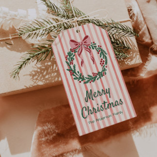 Étiquettes-cadeau Retro Vert Rouge Rose Tiré Bow Wreath Noël