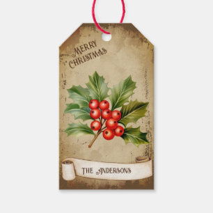 Étiquettes-cadeau Retro Vintage Red Holly Berry Succursale Noël
