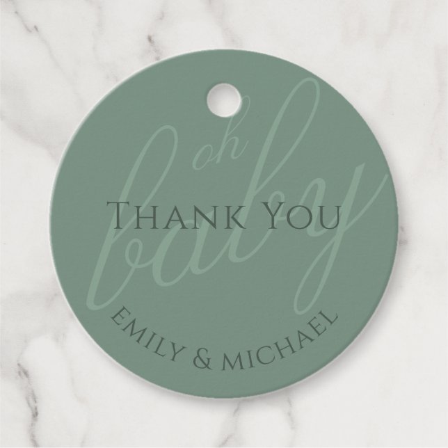 Étiquettes Cadeau Révélation du Baby shower de Merci vert Dusky (Devant)