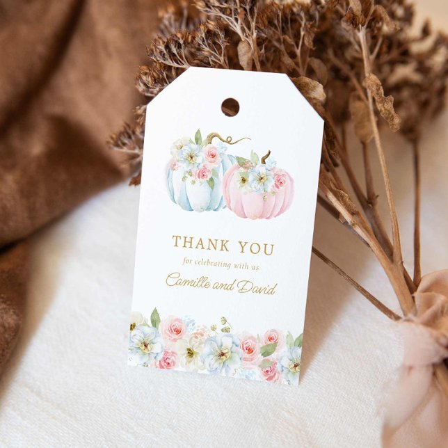 Étiquettes-cadeau Révélation du sexe de bébé avec citrouille rose et (Pink and blue Fall Baby Shower Thank you tags)