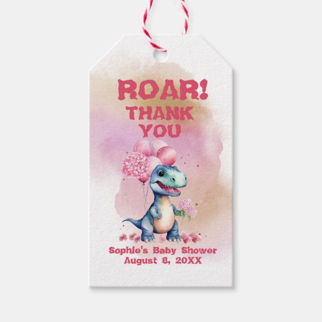 Étiquettes-cadeau Roar C'est une fille T-Rex Baby Dinosaur rose (Devant)
