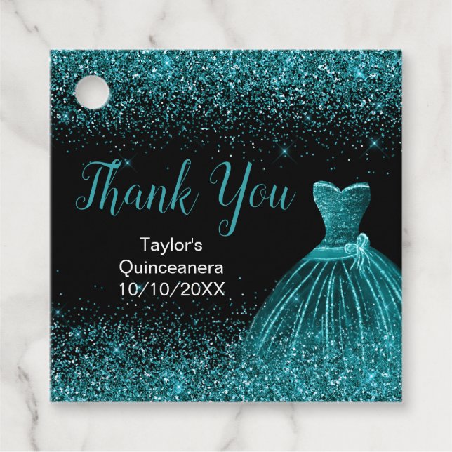 Étiquettes Cadeau Robe bleue turquoise Faux Parties scintillant Quin (Devant)