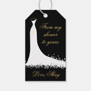 Étiquettes-cadeau Robe de mariée élégante noire et dorée pour la fêt