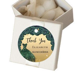 Étiquettes Cadeau Robe en or vert Quinceanera Merci