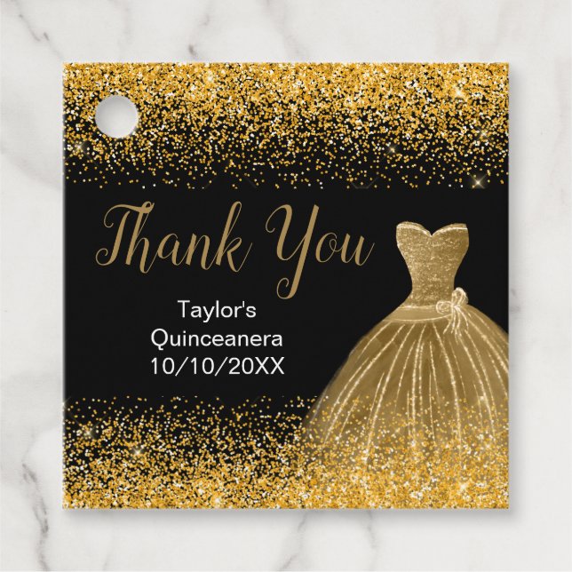 Étiquettes Cadeau Robe Or Faux Parties scintillant Quinceanera (Devant)