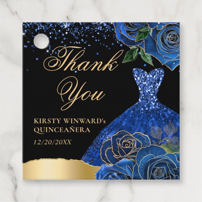 Étiquettes Cadeau Robe Parties scintillant bleue et or Glam Roses Qu (Devant)