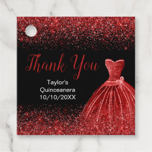 Étiquettes Cadeau Robe rouge vif Faux Parties scintillant Quinceaner